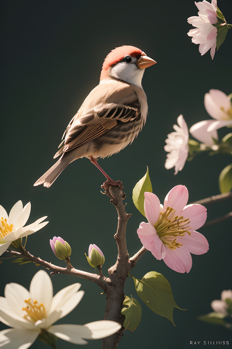 400023-3735732561-a tiny finch on a branch with (spring flowers on background_1.0), aesthetically inspired by Evelyn De Morgan, art by Bill Sienki.png